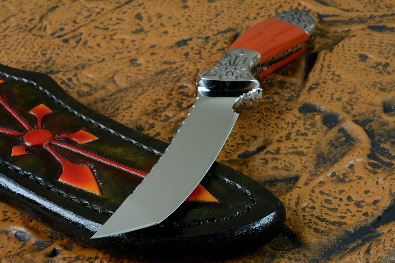 "Azuma" fine custom knife obverse side view in 440C high chromium stainless steel blade, hand-engraved 304 stainless steel bolsters, Red River Jasper gemstone handle, hand-carved, hand-dyed leather sheath