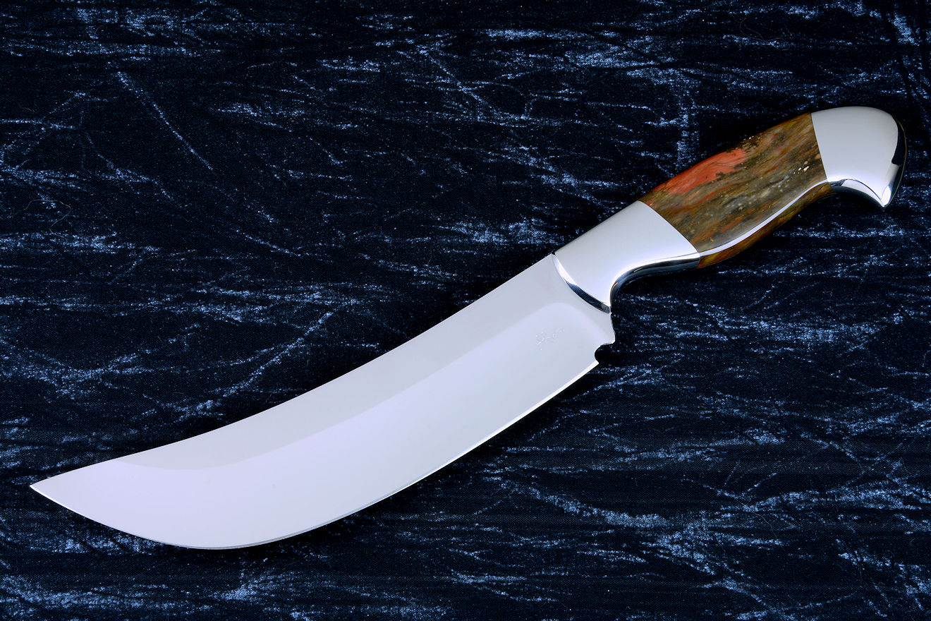 "Courbe Vaste" fine handmade chef's knife, BBQ knife, obverse side view in T3 cyrogenically treated 440C high chromium stainless steel blades, 304 stainless steel bolsters, Caprock petrified wood gemstone handles, Bison (American Buffalo), leather shoulder book case