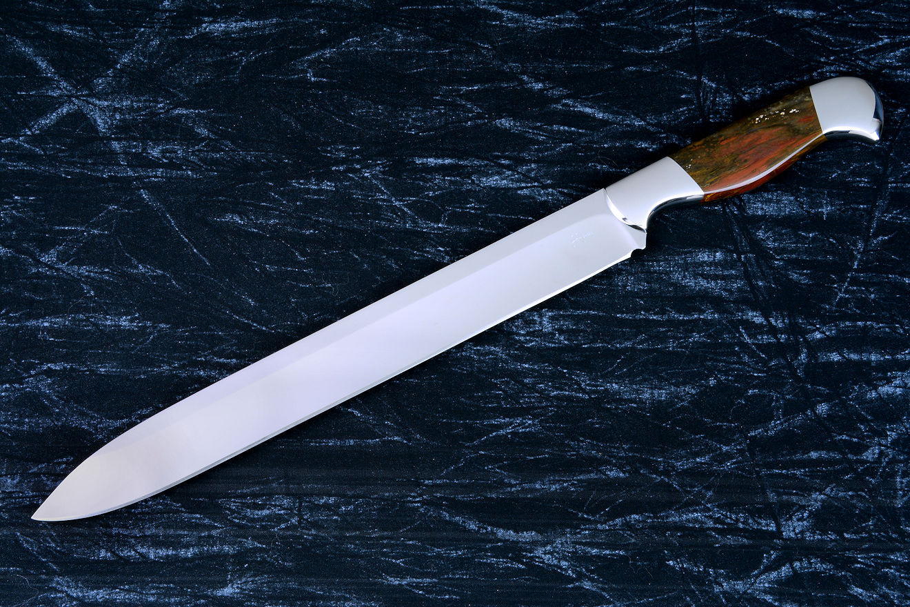 "Thresher" fine handmade chef's knife, BBQ knife, fillet knife, obverse side view in T3 cyrogenically treated 440C high chromium stainless steel blades, 304 stainless steel bolsters, Caprock petrified wood gemstone handles, Bison (American Buffalo), leather shoulder book case