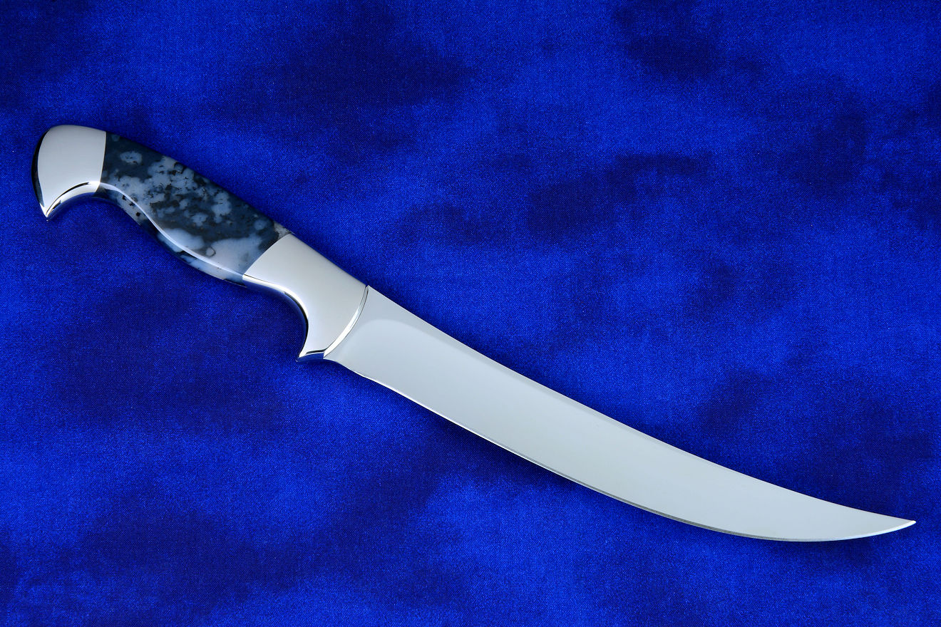 "Courbe" Professional Chef's Trimming, Boning knife, reverse side view in T3 cryogenically treated 440C high chromium stainless steel blade, 304 stainless steel bolsters, Night Leopard Agate gemstone handle
