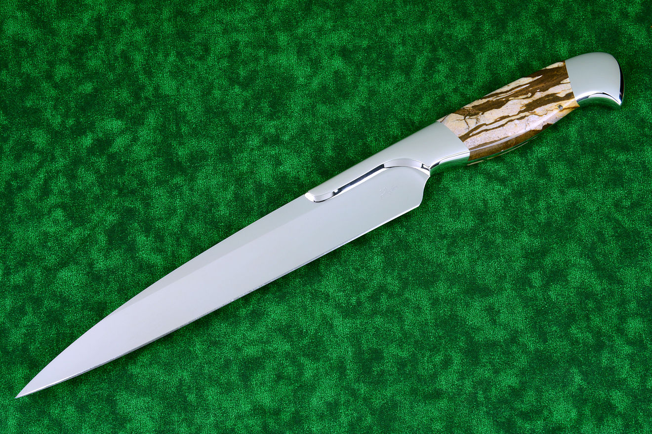 "Bordeaux" fine professional grade knife, obverse side view in 440C high chromium stainless steel blade treated with T3 cryogenic heat treatment, 304 stainless steel bolsters, Brown Zebra Jasper gemstone handle