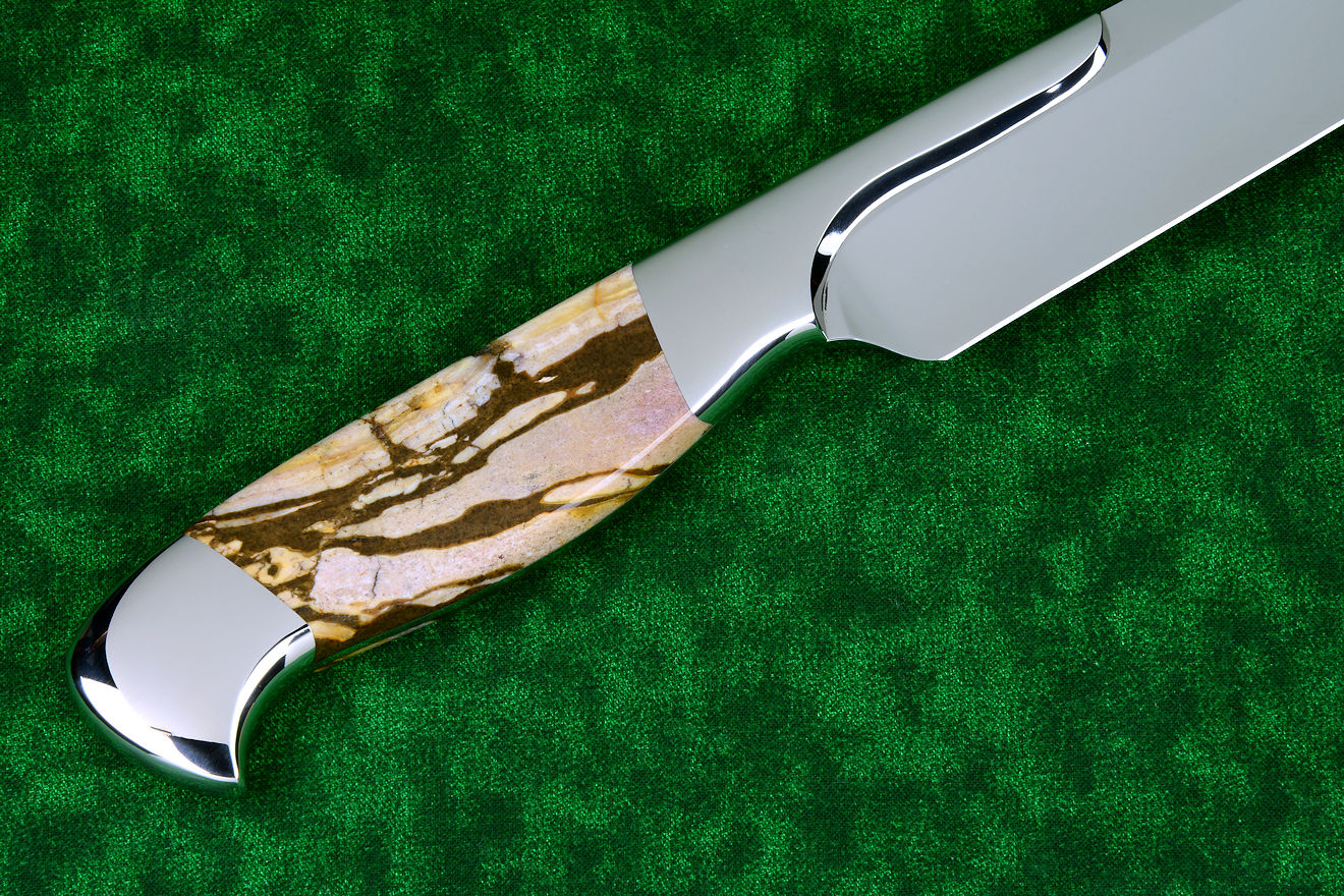 "Bordeaux" fine professional grade knife, spine view in 440C high chromium stainless steel blade treated with T3 cryogenic heat treatment, 304 stainless steel bolsters, Brown Zebra Jasper gemstone handle