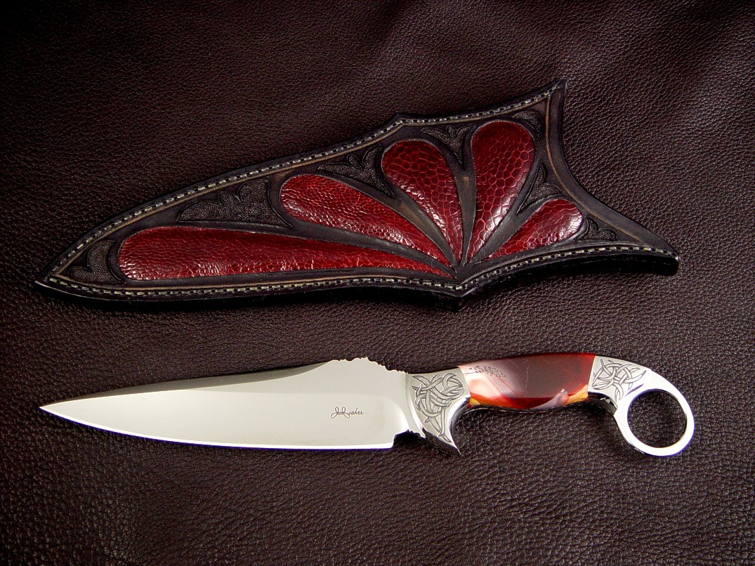  "Bulldog" tactical art knife in 440C stainless steel blade, hand-engraved 304 stainless steel bolsters, Mookaite Jasper Gemstone handle, burgundy Ostrich leg skin inlaid in hand-carved leather sheath