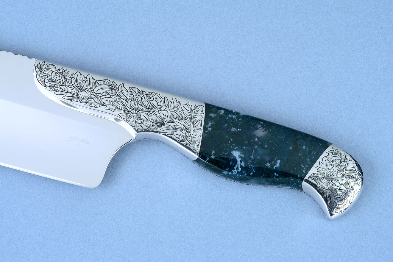"Shedar" (Cassiopeia chef's set) Sabatier, French Chef's, Master Chef's knife, obverse side handle view  in T3 cryogenically treated 440C high chromium stainless steel blade, hand-engraved 304 stainless steel bolsters, Indian Green Moss Agate gemstone handle