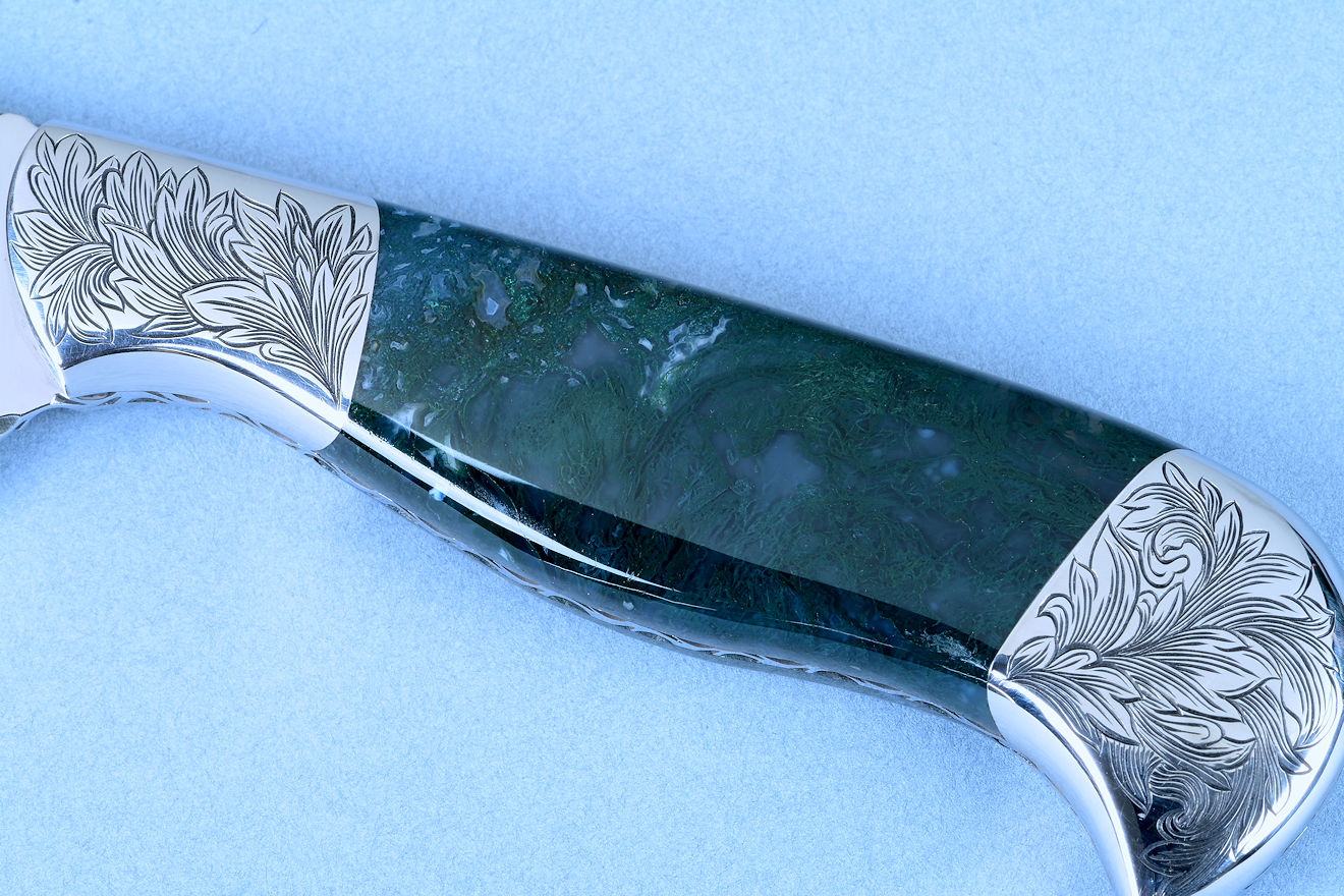 "Tsih" (Cassiopeia chef's set) Slicing, boning, fillet  knife, obverse side gemstone handle enlargement   in T3 cryogenically treated 440C high chromium stainless steel blade, hand-engraved 304 stainless steel bolsters, Indian Green Moss Agate gemstone handle