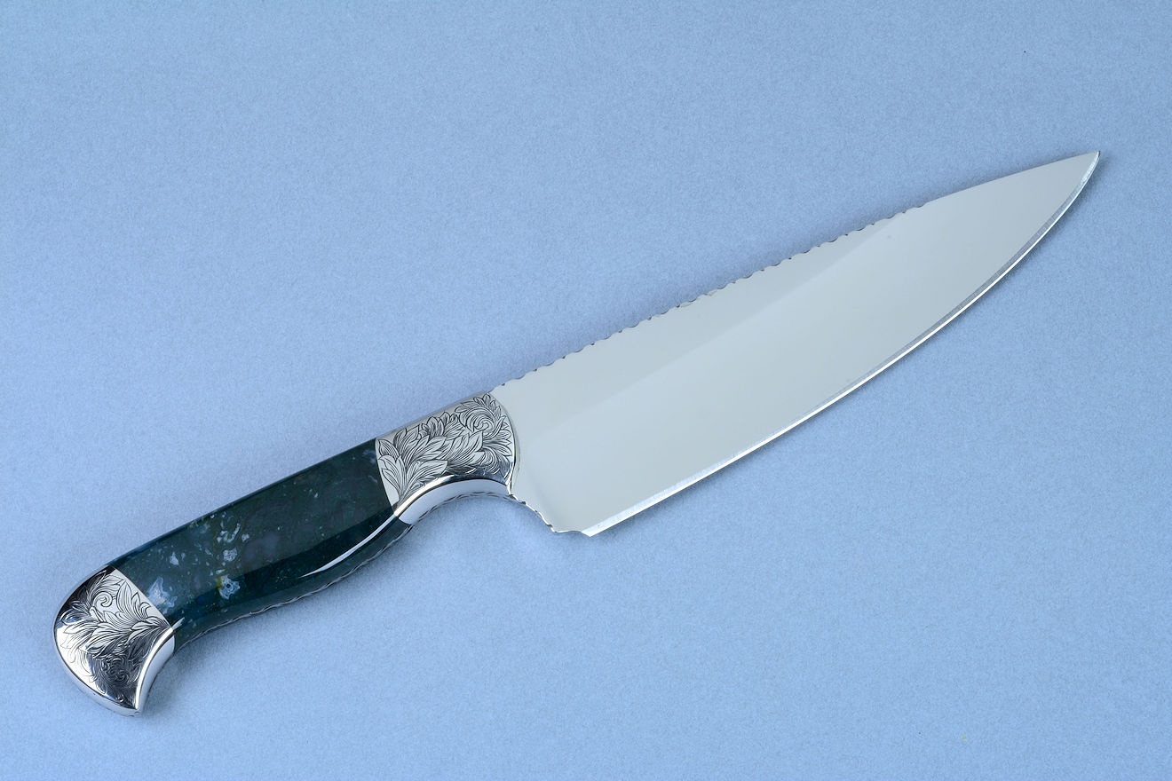 "Segin" (Cassiopeia chef's set) Utility  knife, reverse side view  in T3 cryogenically treated 440C high chromium stainless steel blade, hand-engraved 304 stainless steel bolsters, Indian Green Moss Agate gemstone handle