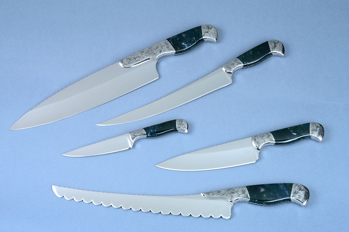 Spartan Knife Block- Complete Damascus Style Knife Set for Men- 5 Chef Knives, Knife Sharpener & Bamboo Spartan Knife Holder. Funny Stabbed Man