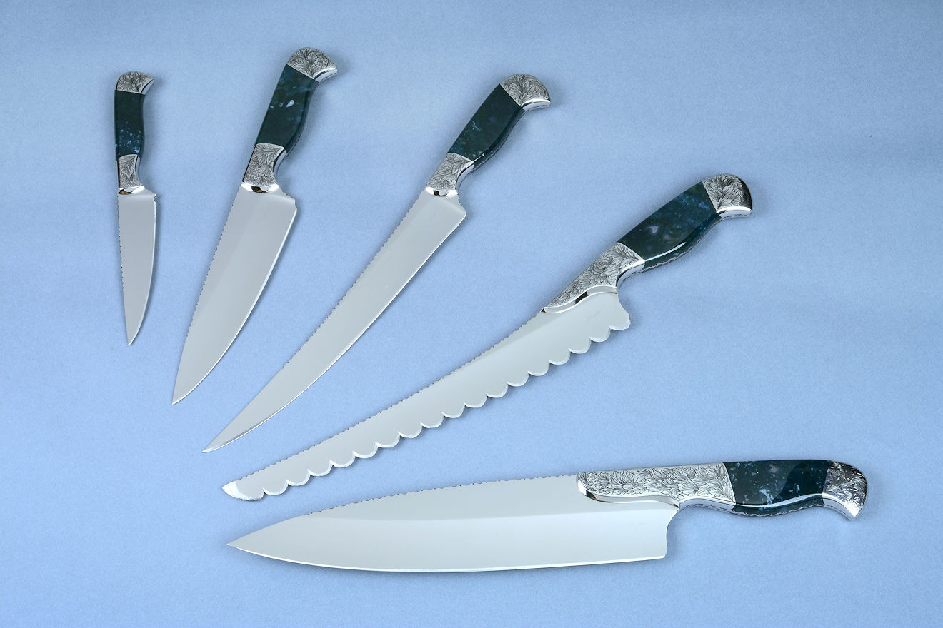 "Cassiopeia" fine custom chef's knives set, consisting of "Shedar" chef's knife, "Tsih" slicing knife, "Achird" paring knife, "Segin" utility knife, and "Caph" bread knife in T3 cryogenically treated 440C high chromium stainless steel blades, hand-engraved 304 stainless steel bolsters, Indian Green Moss Agate gemstone handles