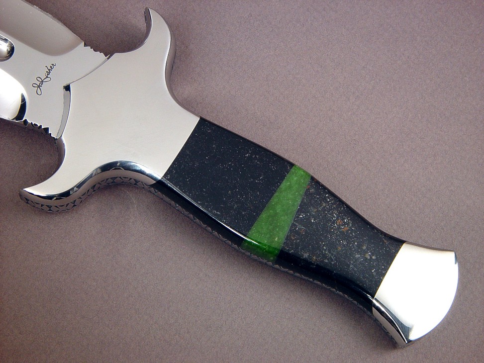 "Charax" dagger with Black Australian Jade and Green Calilfornia Jade gemstone mosaic handle in stainless steel 