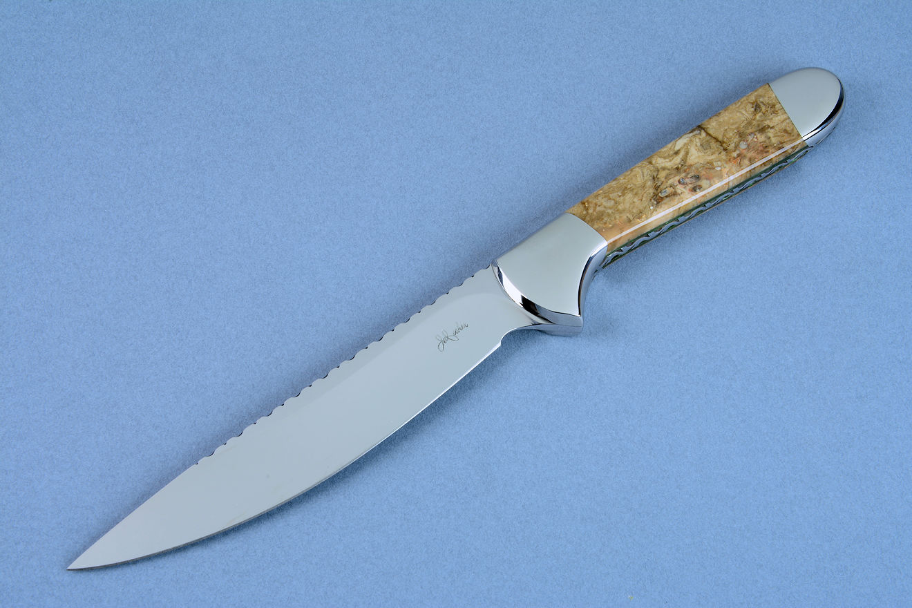 "Clarau Magnum" fine chef's knife, obverse side view in fossilized fern and British Colombian jade gemstone handle, 304 stainless steel bolsters, 440C high chromium T3 cryogenically treated stainless steel blade