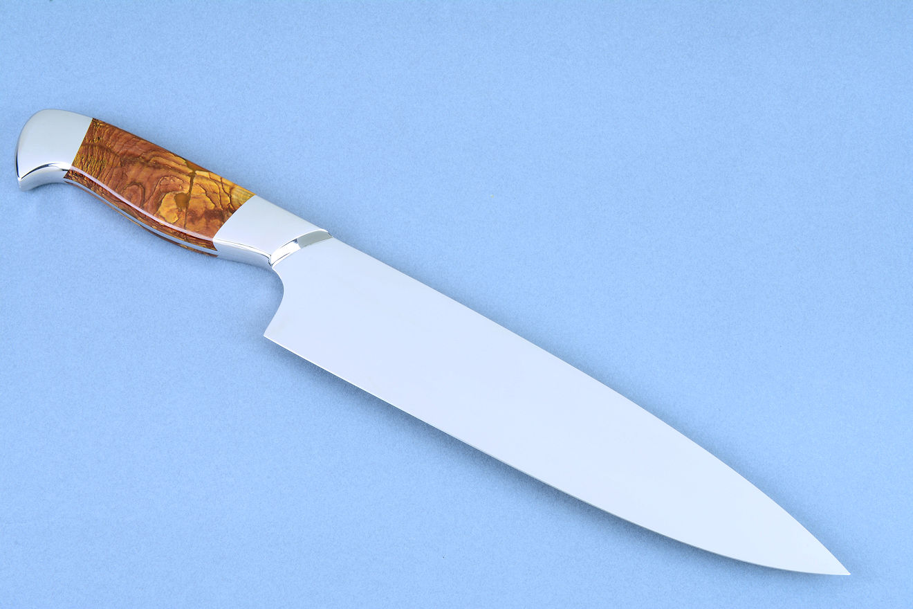 "Concordia" flat ground, mirror polished, professional grade chef's knife, reverse side view in CPM154CM powder metal technology stainless steel, 304 stainless steel bolsters, Deschutes Jasper gemstone handle
