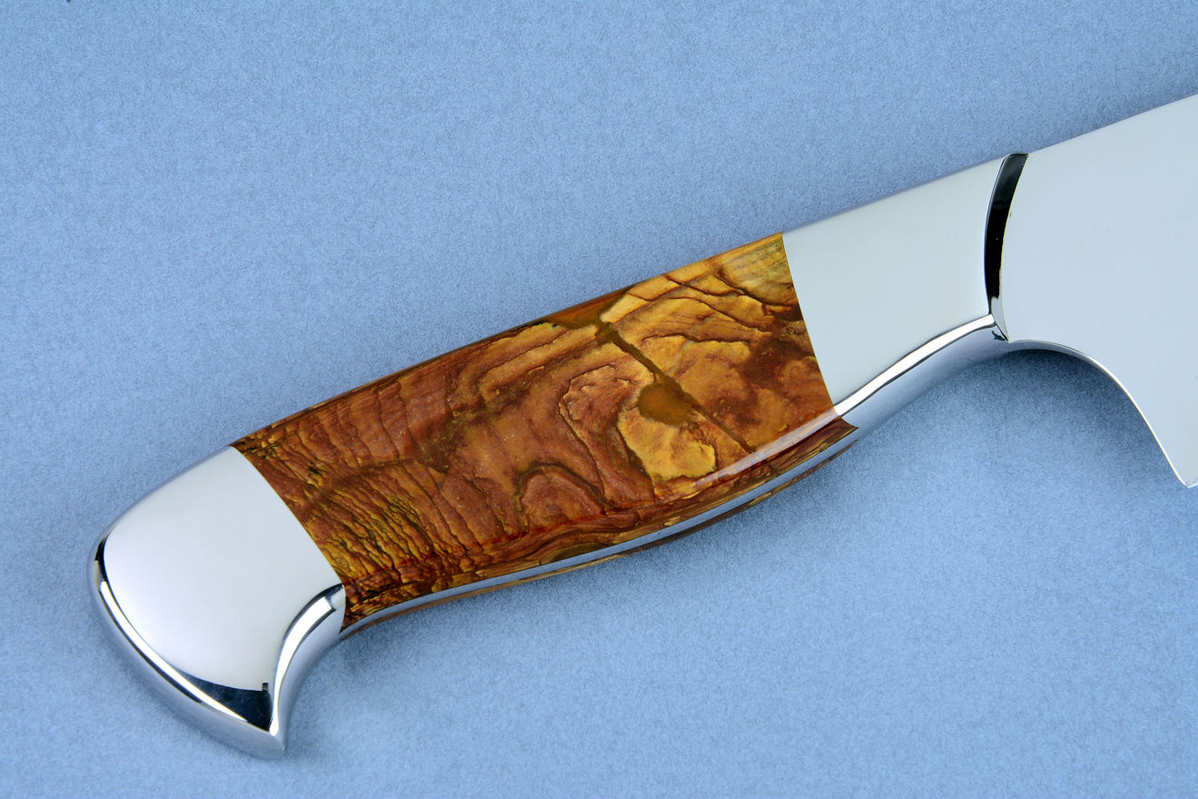 "Concordia" fine handmade professional grade chef's knife, reverse side view of gemstone handle material and bolsters