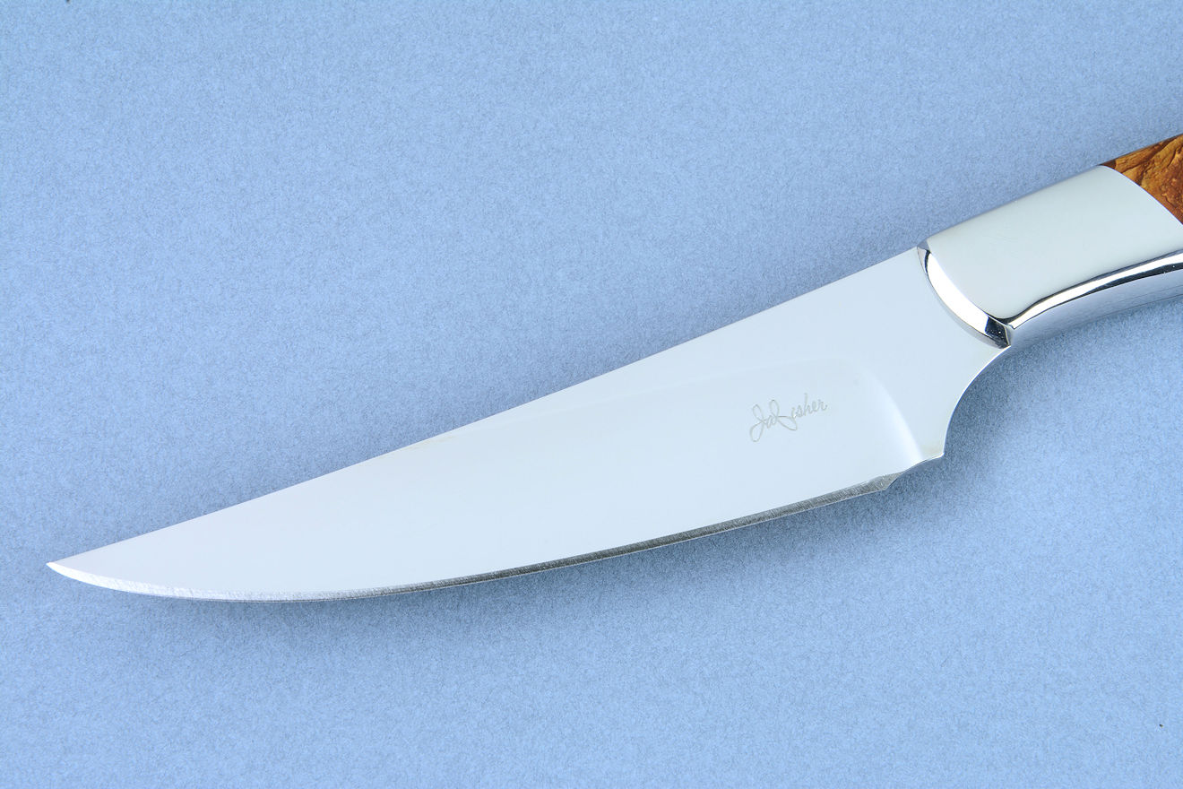 "Talitha" fine chef's knife, obverse side view in hollow ground CPM154CM high alloy powder metal technology stainless steel
