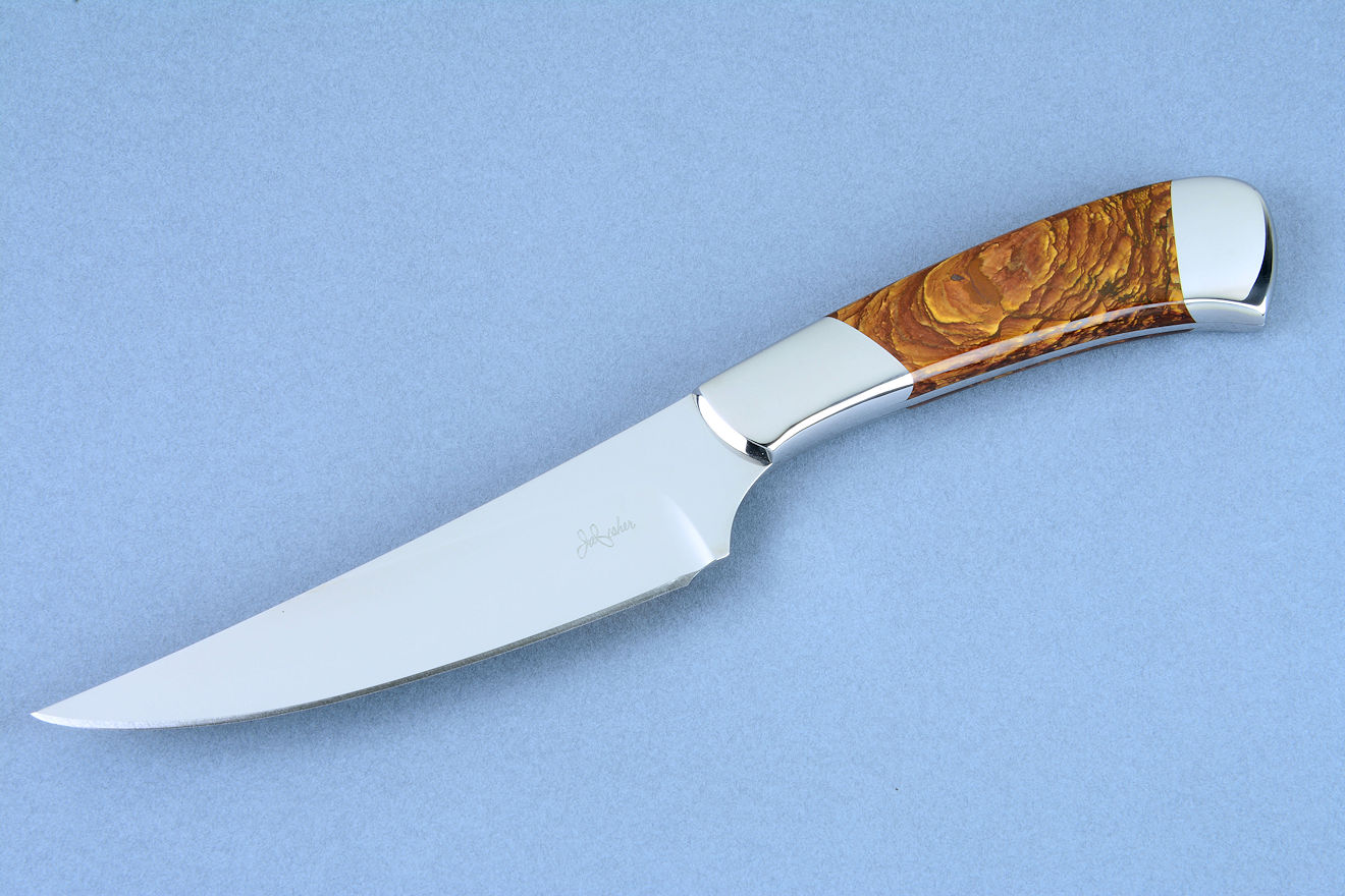 "Talitha" fine chef's knife, obverse side view in hollow ground CPM154CM high alloy powder metal technology stainless steel, 304 stainless steel bolsters, Deschutes Jasper gemstone handle