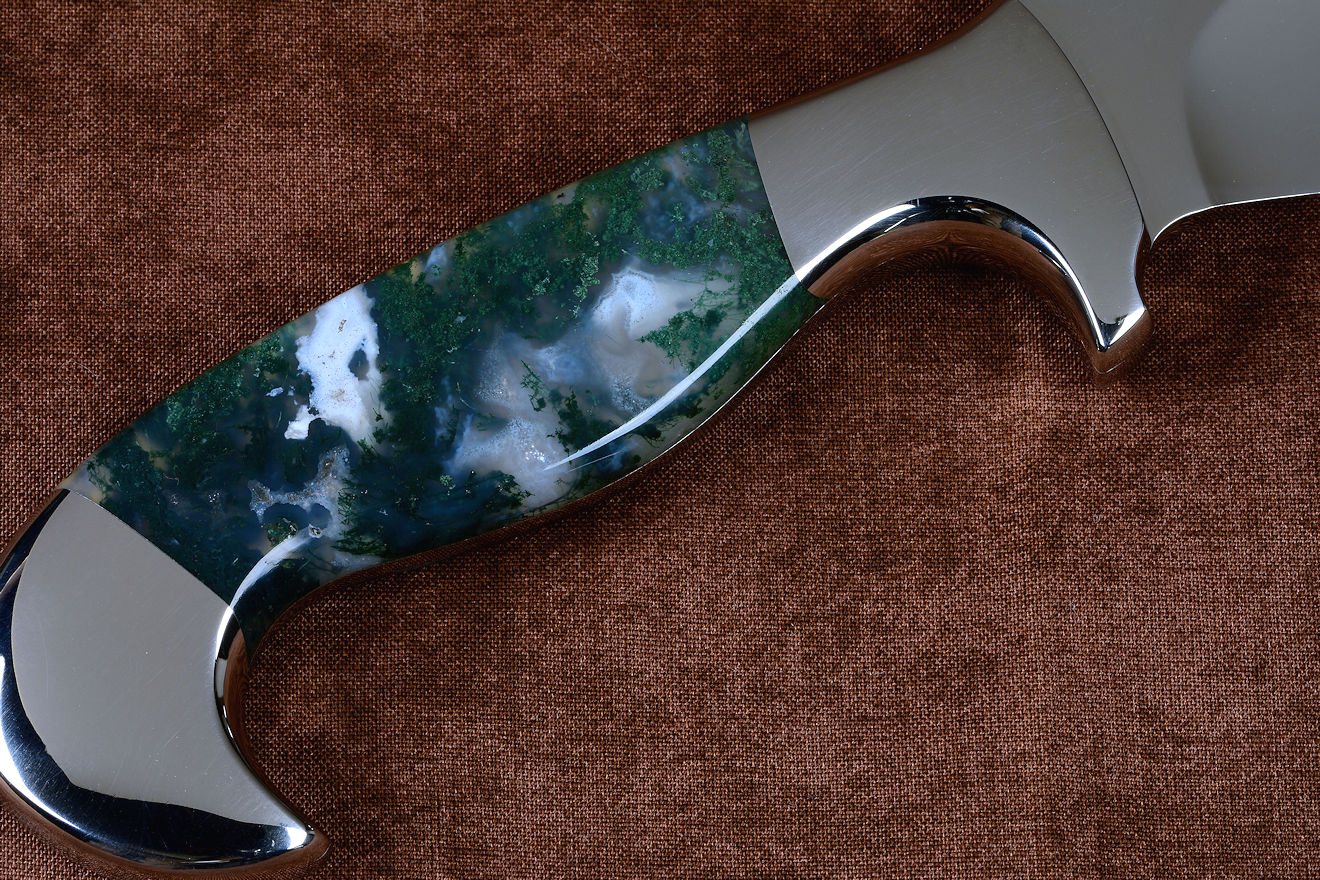 "Conodont" custom knife, obverse side view in 440C high chromium T3 cryogenic treated stainless steel blade, 304 stainless steel bolsters, Indian Green Moss Agate gemstone handle, hand-carved, hand-dyed leather sheath inlaid with rayskin