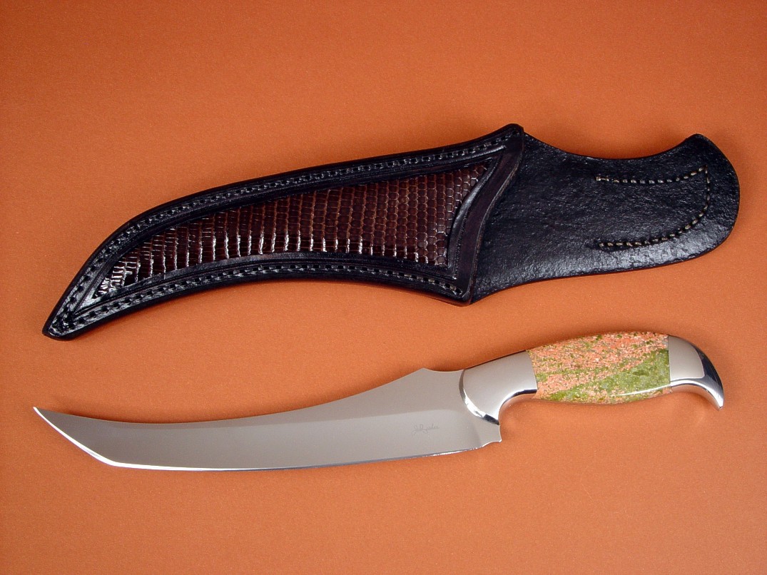 "Cybele" fillet, boning, chef's, carving, collector's knife, obverse side view in 440C high chromium stainless steel blade, 304 stainless steel bolsters, Unakite gemstone handle, lizard skin inlaid in hand-carved leather sheath