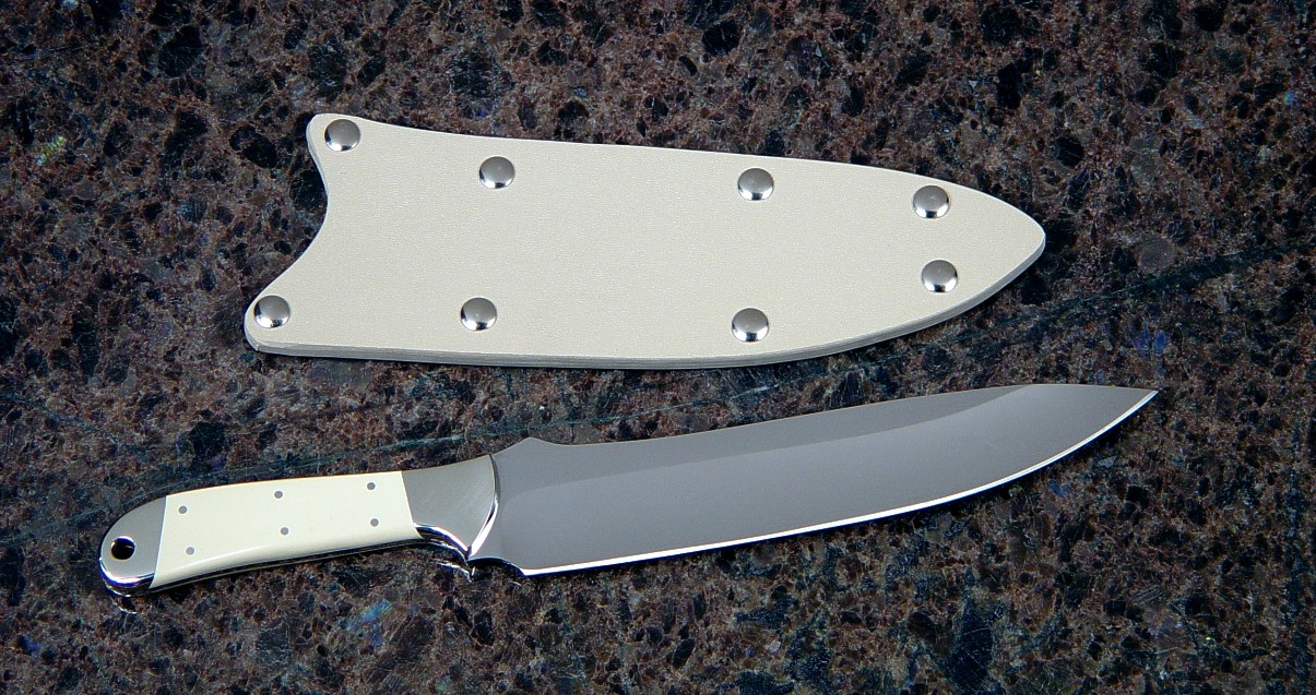 "Cyele" obverse side view in 440C high chromium stainless steel blade, nickel silver bolsters, ivory micarta phenolic handle, kydex, nickel plated steel slip sheath