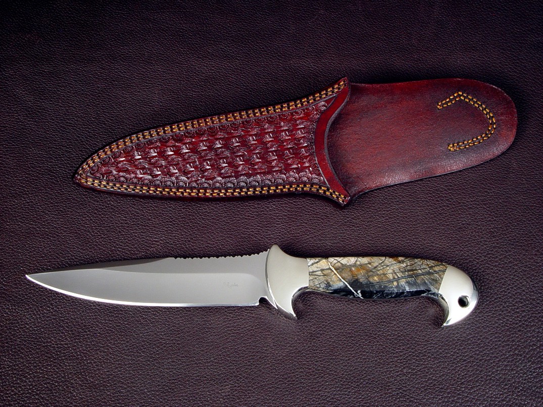 "Cygnus-Horrocks Magnum" custom knife, obverse side view in 440C high chromium stainless steel blade, nickel silver bolsters, Picasso Marble gemstone handle, hand-tooled and stamped leather sheath