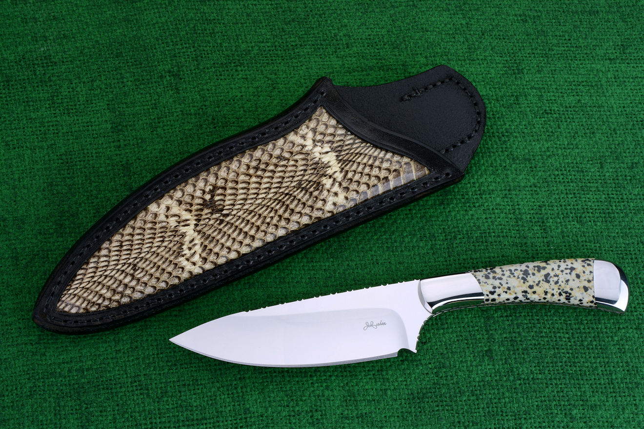 "Cygnus ST" obverse side view in 440C high chromium stainless steel blade, 304 stainless steel bolsters, Dalmatian Stone gemstone handle, Cobra skin inlaid in hand-carved leather sheath