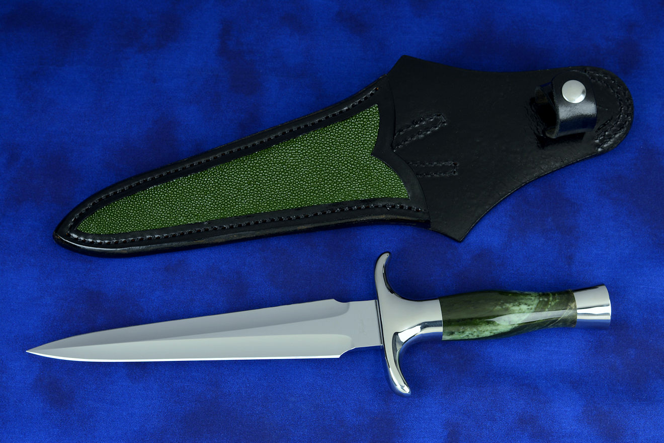 "Daqar" dagger, obverse side view in CPM154CM powder metal technology stainless steel blade, 304 stainless steel guard and pommel, Nephrite Jade gemstone handle, hand-carved leather sheath inlaid with rayskin