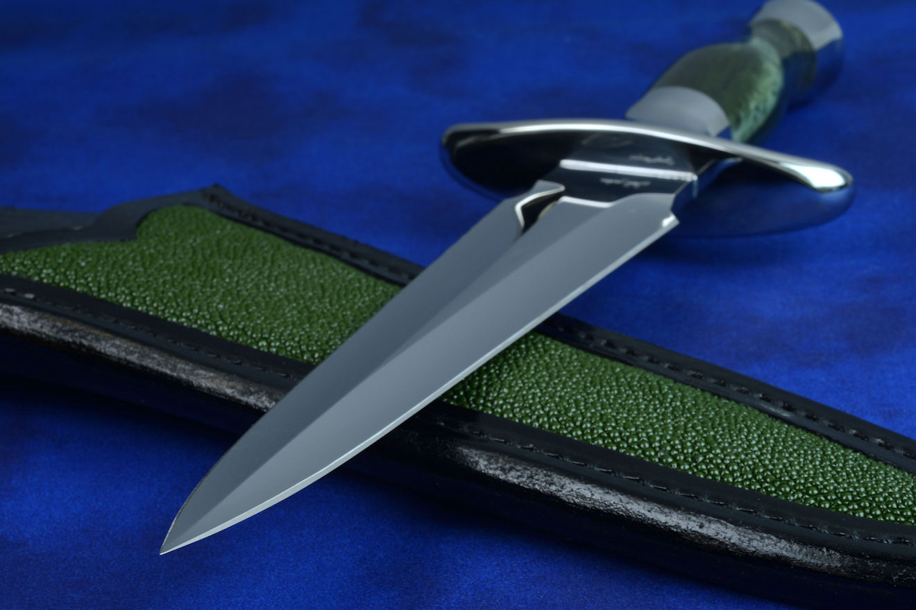 "Daqar" dagger, point detail in CPM154CM powder metal technology stainless steel blade, 304 stainless steel guard and pommel, Nephrite Jade gemstone handle, hand-carved leather sheath inlaid with rayskin