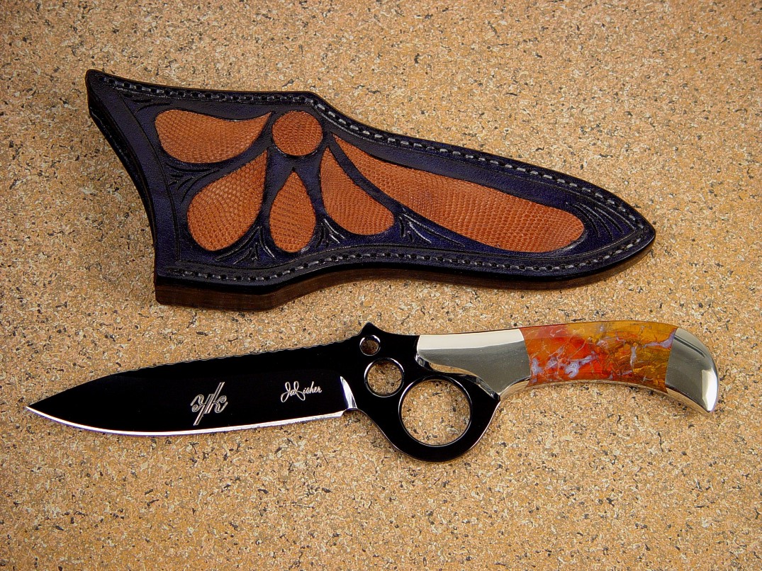 "Diacria" blued O-1 high carbon, tungsten-vanadium tool steel blade, Polvadera Jasper gemstone handle