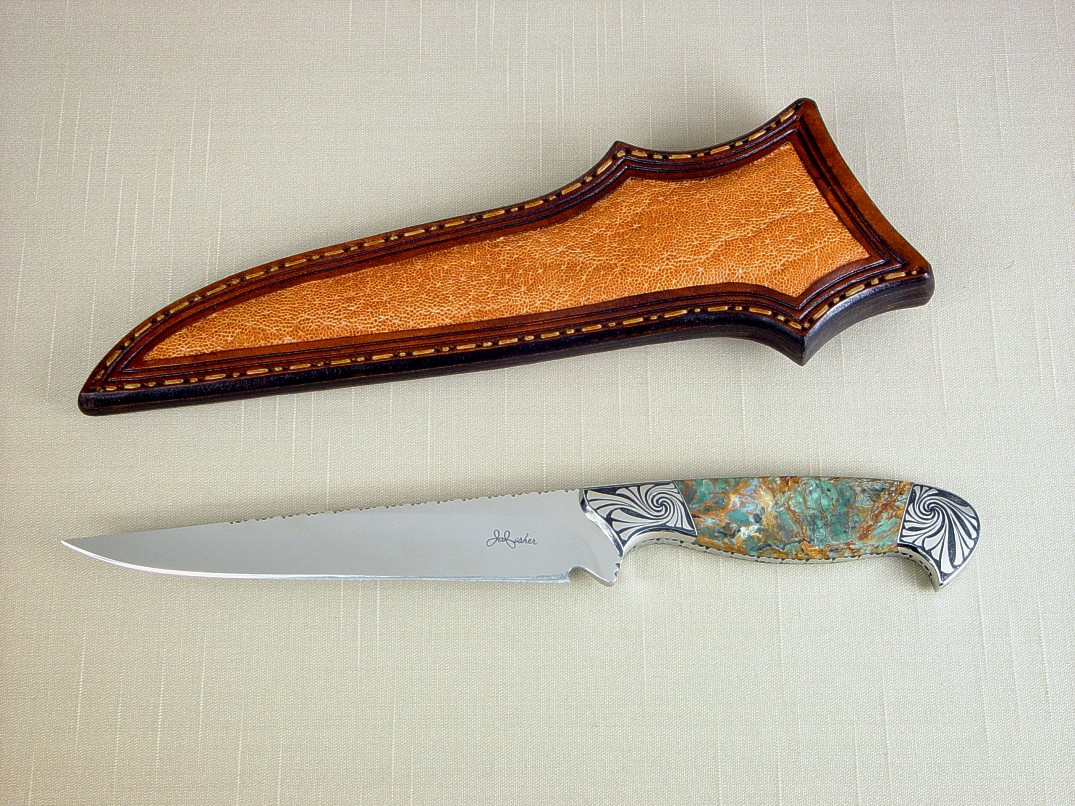 "Eridanus" obverse side view in 440C high chromium stainless steel blade, hand-engraved 304 stainless steel bolsters, Plasma Agate gemstone handle, Elephant skin inlaid in hand-carved leather sheath