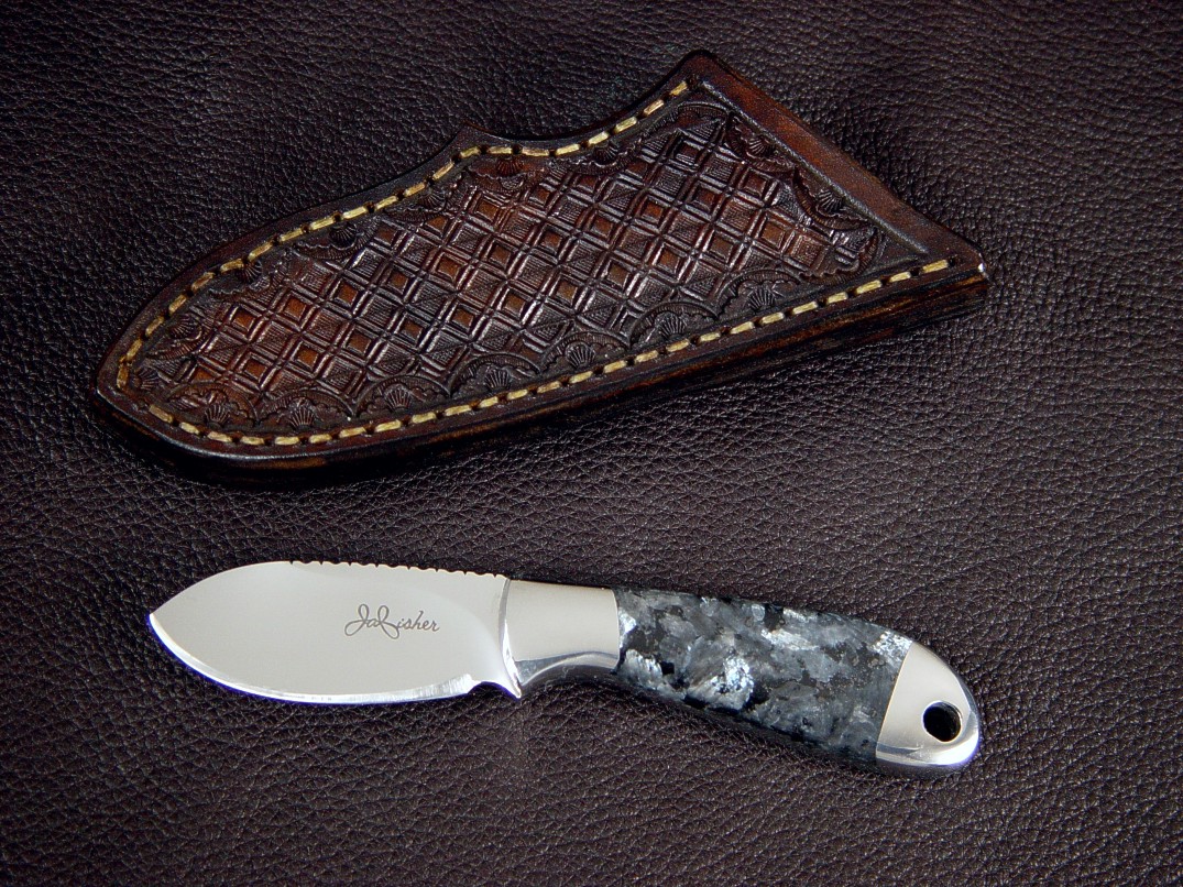 "Firefly"obverse side view in ATS-34 high molybdenum stainless steel blade, 304 stainless steel bolsters, Larvikite gemstone handle, hand-stamped leather sheath