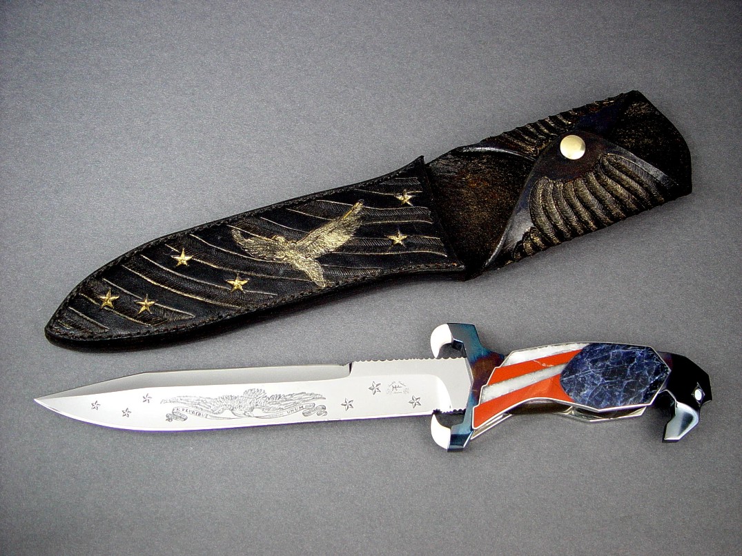"Freedom's Promise" obverse side view in hand-engraved 440C high chromium stainless steel blade, blued steel guard and pommel, ivory, opals, sodalite, jasper, quartz, crocidolite handle, hand-carved leather sheath with gold wash