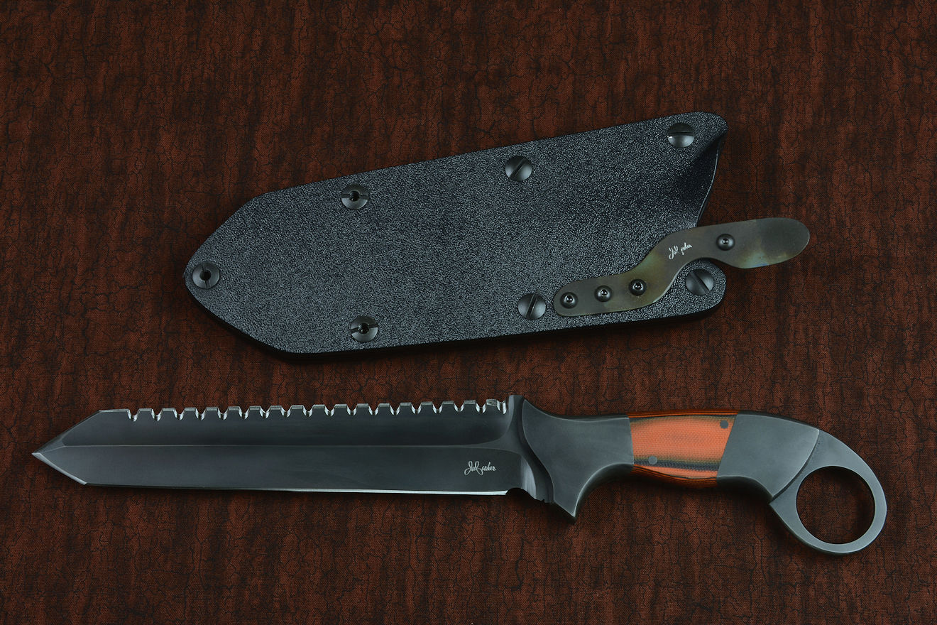 "Galatea" professional tactical, combat, rescue, CSAR, counterterrorism knife, obverse side view in ATS-34 high molybdenum stainless steel blade, 304 staniless steel bolsters, black/orange G10 fiberglass/epoxy laminate composite handle, hybrid tension-locking sheath in kydex, anodized aluminum, stainless steel, titanium