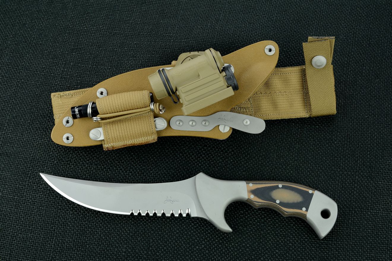 "Ghroth" Tactical, combat, counterterrorism knife, obverse side view in ATS-34 high molybenum stainless steel blade, 304 stainless steel bolsters, coyote brown, black G10 composite handle, hybrid tension-locking sheath with full accessory package