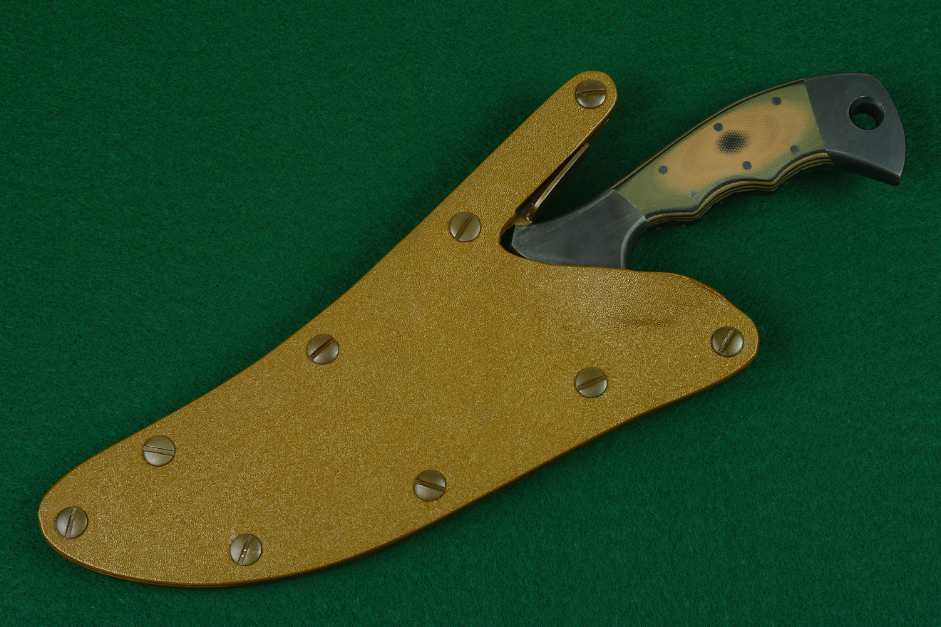 Version 2.0 positively locking knife sheath by Jay Fisher, in coyote brown and stainless steel