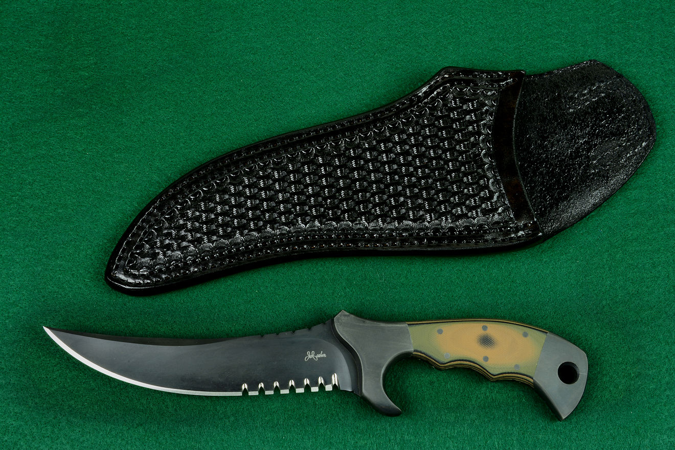 "Ghroth" professional counterterrorism, combat, tactical knife, obverse side view in ATS-34 high molybdenum stainless steel blade, 304 stainless steel bolsters, coyote/black/olive G10 fiberglass/epoxy laminate composite handle, locking kydex, anodized aluminum, stainless steel, titanium sheath, shown with black basketweave sheath option
