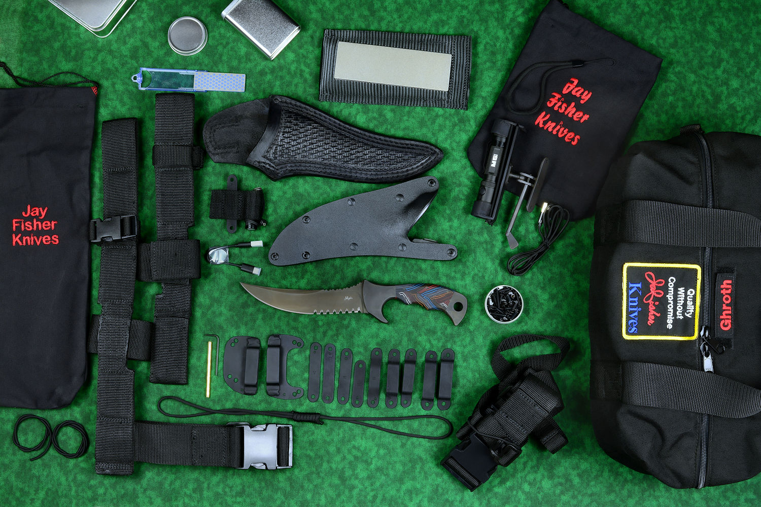 "Ghroth" tactical knife kit, complete, with UBLX, EXBLX, HULA, LIMA, diamond sharpener, leather sheath, sternum harness, lanyards, staps, clamps, hardware, and heavy ballistic nylon duffle
