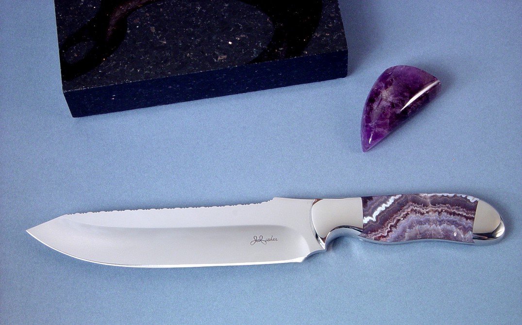 Fine Chef's Knife: "Hestia" 440c high chromium stainless steel blade, 304 stainless steel bolsters, Amethyst gemstone handle, walnut, Amethyst, black galaxy granite base