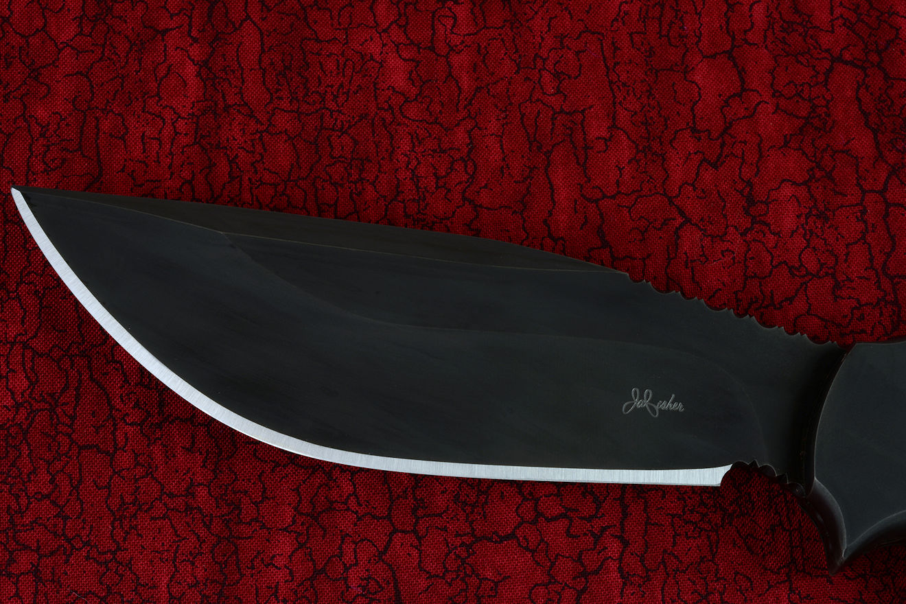 "Hooded Warrior" (Shadow Line) obverse side view in 440C high chromium stainless steel blade, 304 stainless steel bolsters, black G10 fiberglass/epoxy composite handle, locking kydex, anodized aluminum, stainless steel sheath