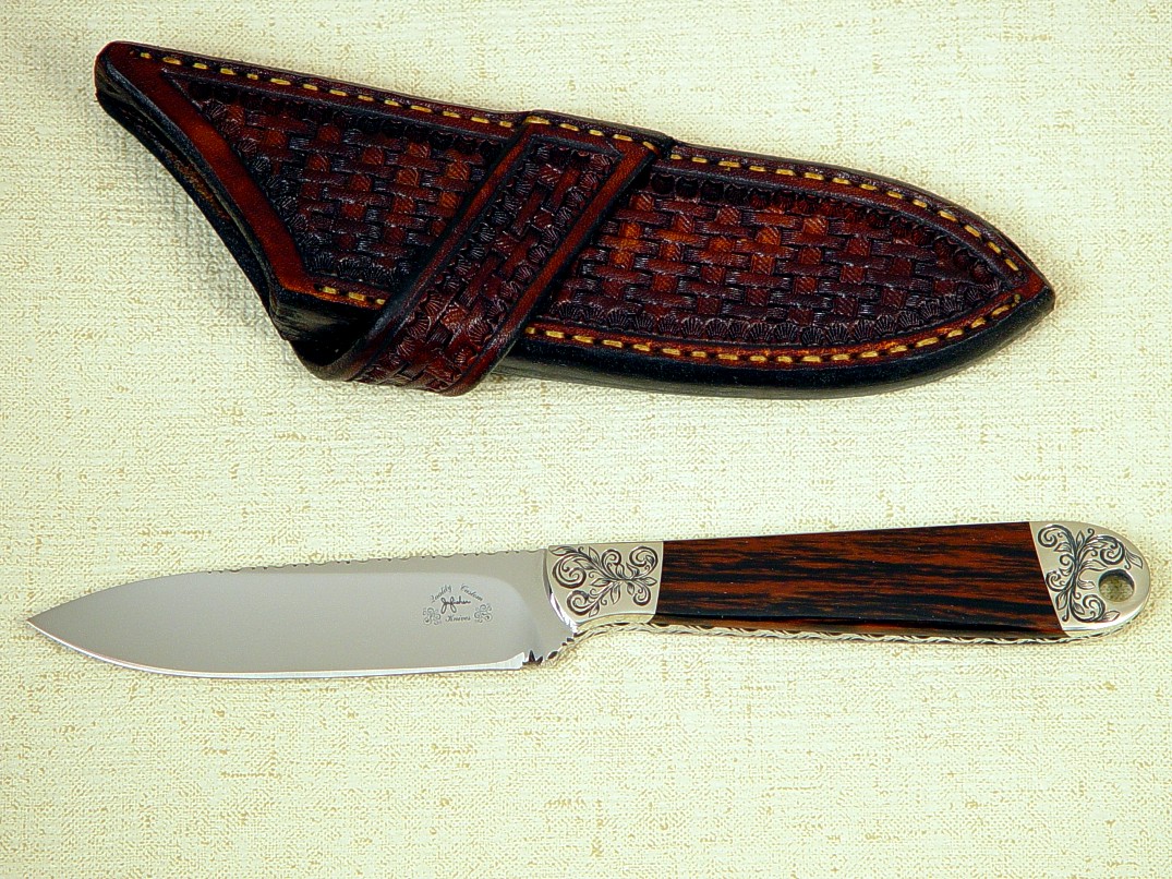 The "Horseman" in 440C  high chromium stainless steel blade, hand-engraved nickel silver bolsters, Mahogany Obsidian gemstone handle, basket weave tooled cross draw leather sheath