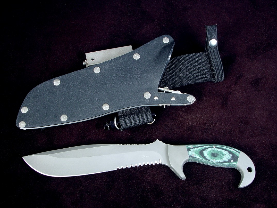 "Imamu" obverse side view in ATS-34 high molybdenum stainless steel blade, 304 stainless steel bolsters, green, black, pistachio G10 fiberglass epoxy composite handle, locking kydex, aluminum, stainless steel sheath with full accessories "Imamu" obverse side view in ATS-34 high molybdenum stainless steel blade, 304 stainless steel bolsters, green, black, pistachio G10 fiberglass epoxy composite handle, locking kydex, aluminum, stainless steel sheath with full accessories