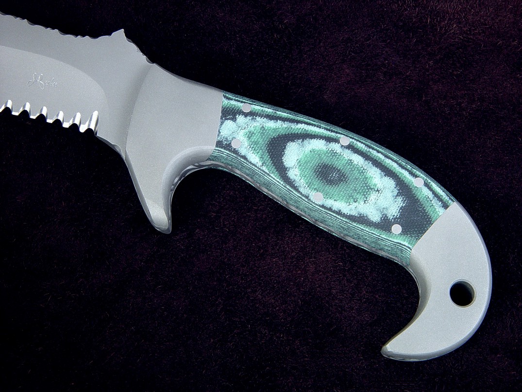 "Imamu" obverse side view in ATS-34 high molybdenum stainless steel blade, 304 stainless steel bolsters, green, black, pistachio G10 fiberglass epoxy composite handle, locking kydex, aluminum, stainless steel sheath with full accessories