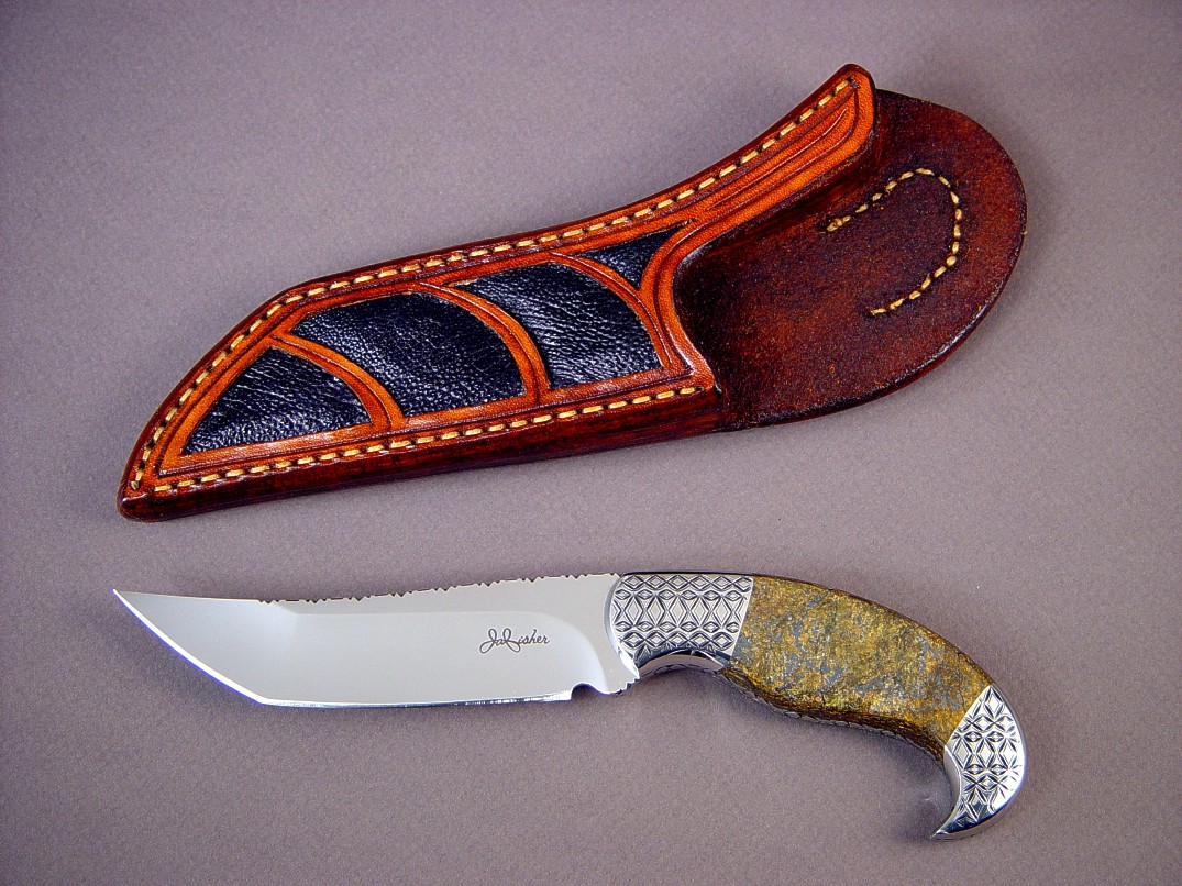 Iraca: fine handmade knife by Jay Fisher, obverse side view: 440C high chromium stainless steel blade, hand-engraved 304 stainless steel bolsters, Bronzite Hypersthene gemstone handle, Frog skin inlaid in hand-carved leather sheath