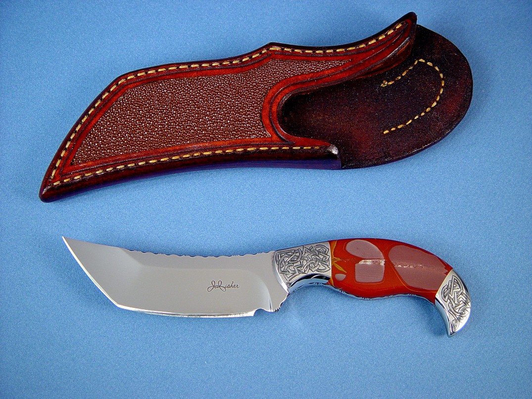 "Izanagi" fine handmade knife, obverse side view: 440C high chromium stainless steel blade, hand-engraved 304 stainless steel bolsters, Noreena Jasper Gemstone  handle, Rayskin inlaid in hand-carved leather sheath