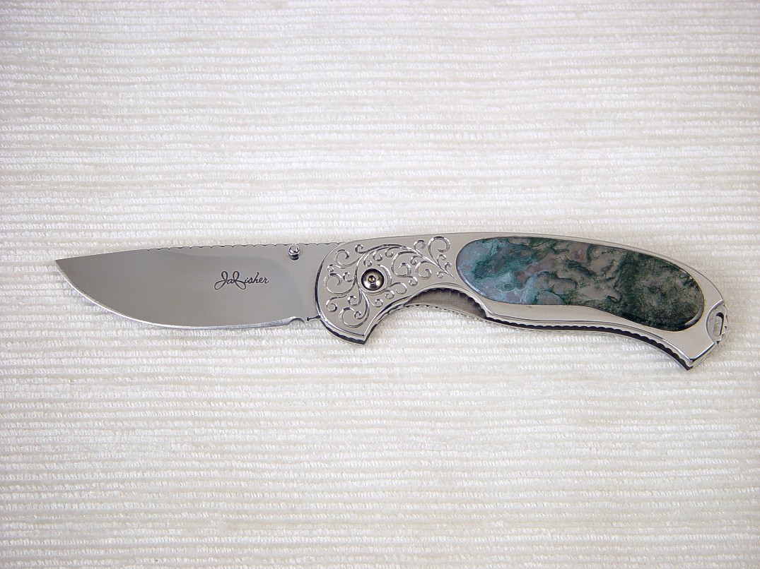 Izar folding knife: 440C stainless steel blade, hand-engraved 304 stainless steel liners, Indian Green Moss Agate Gemstone handle, 6AL4V titanium lockplate