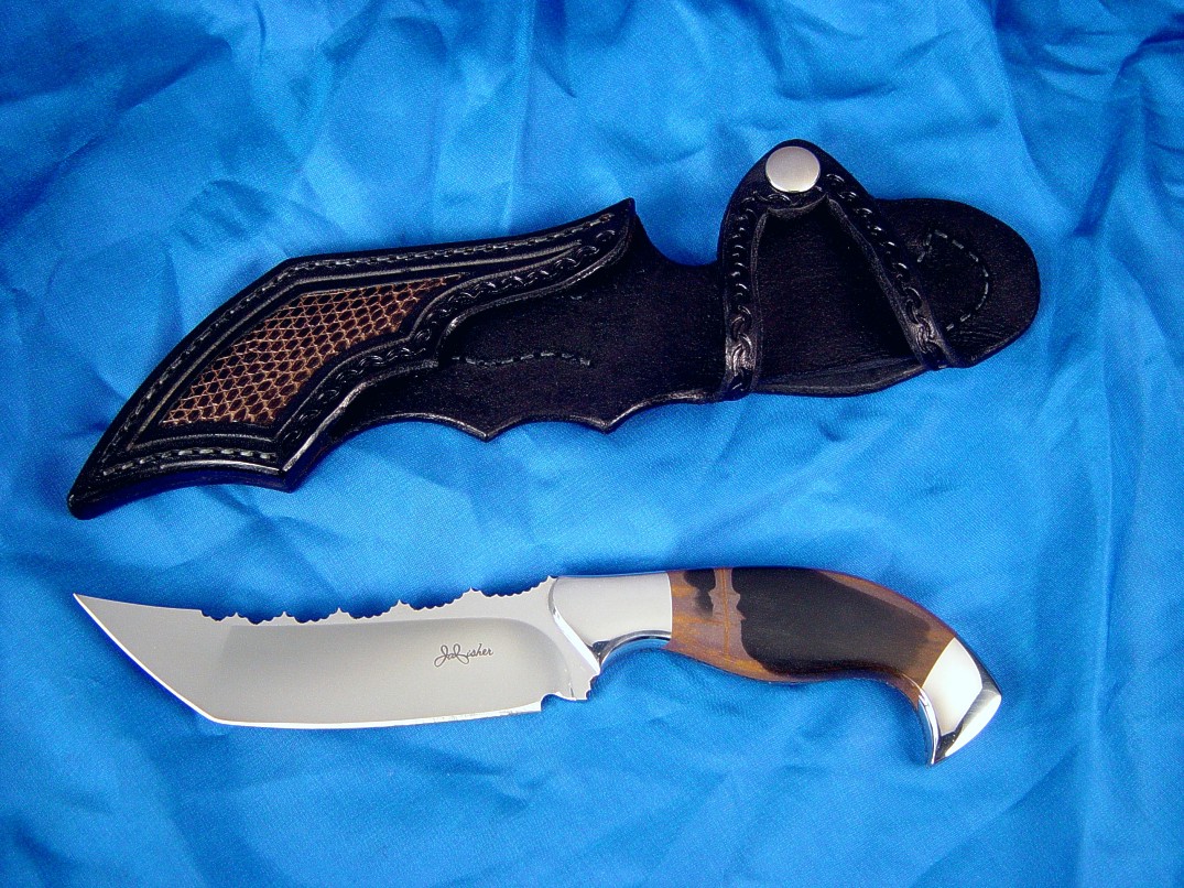 "Izumi" Tanto blade knife: mirror polished 440C high chromium stainless steel blade, 304 stainless steel bolsters, Nightstorm jasper gemstone handle, lizard inlaid in leather sheath