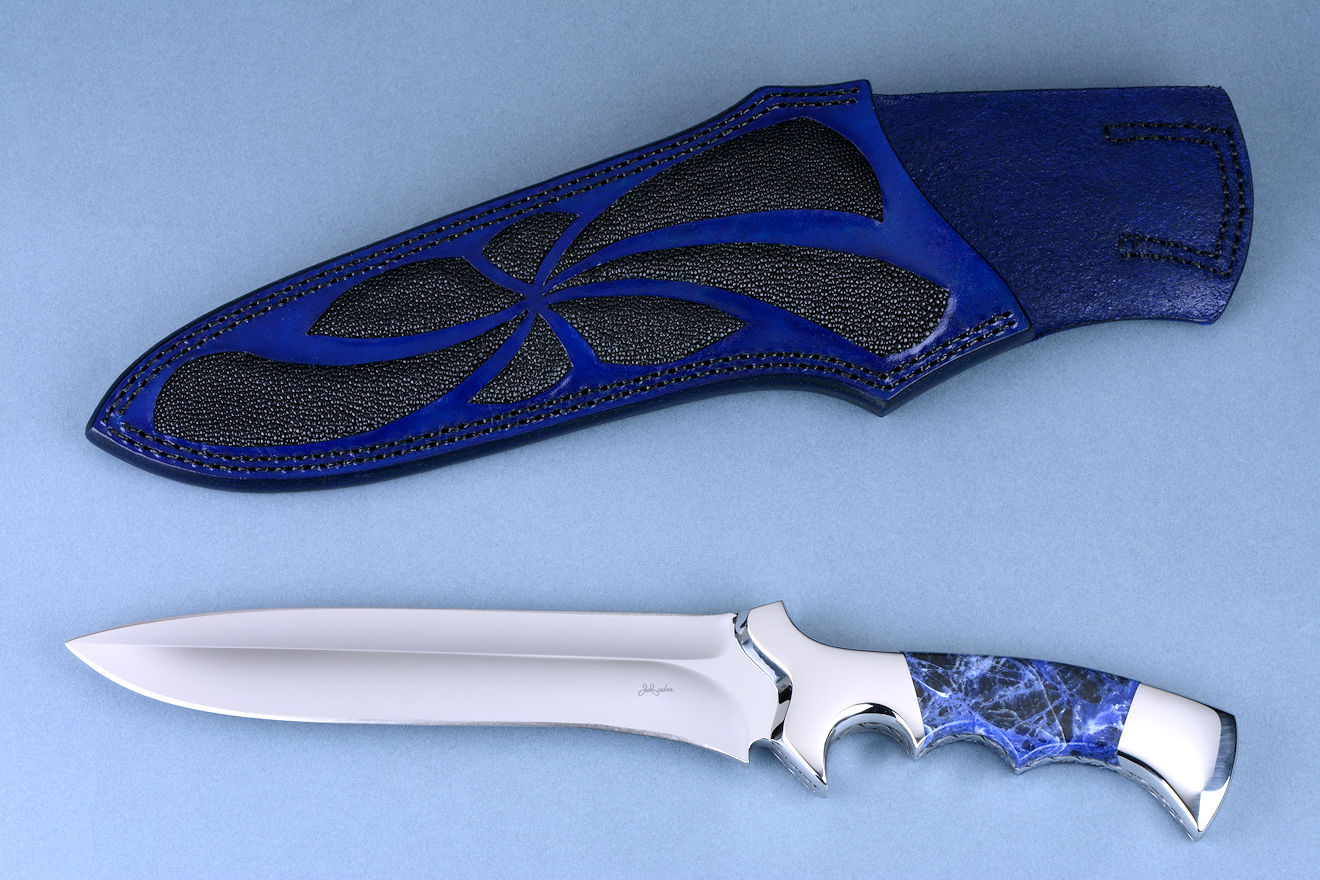 "Kadi" obverse side view in 440C high chromium stainless steel blade, 304 stainless steel  bolsters, Sodalite gemstone handle, leather sheath inlaid with black rayskin