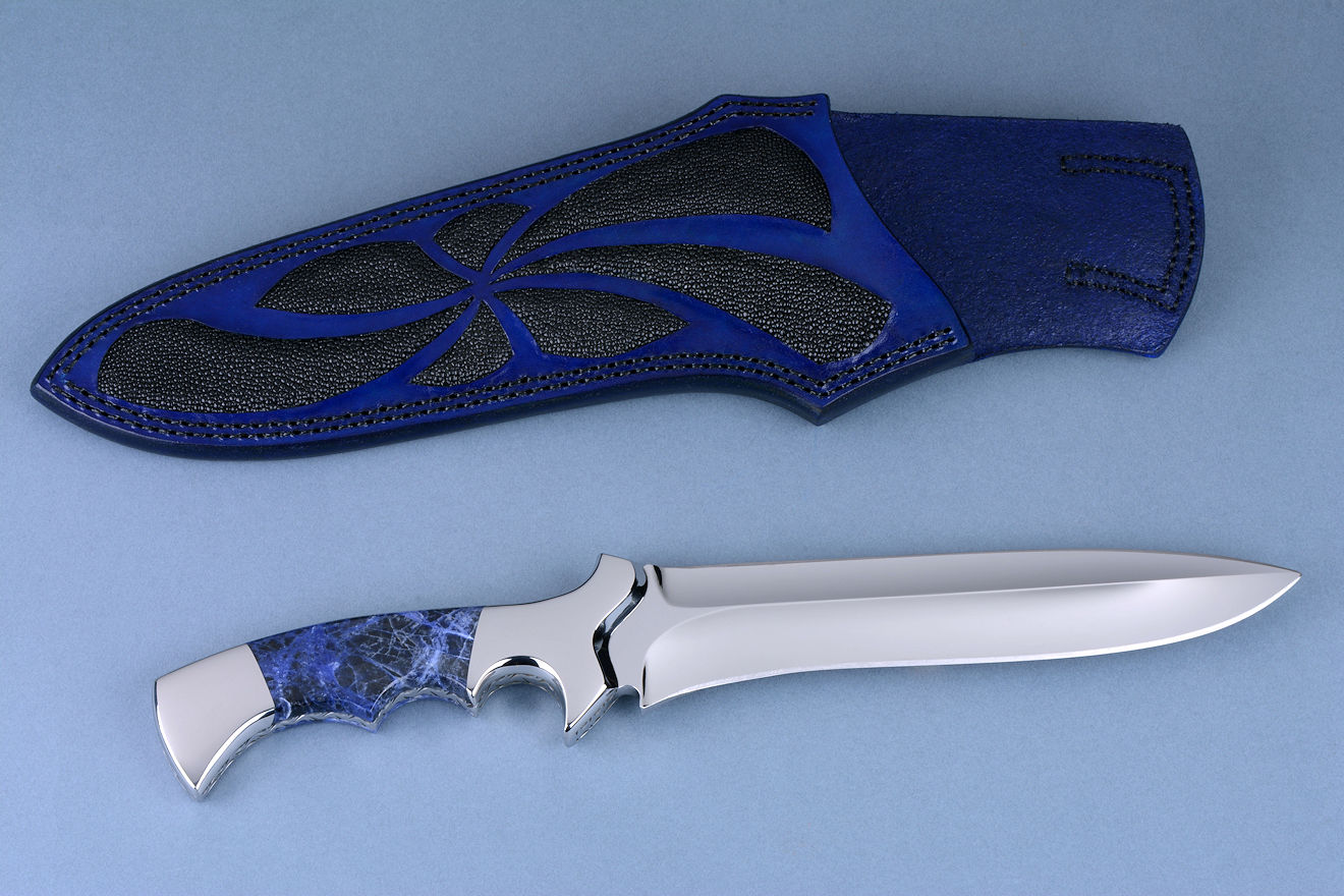 "Kadi" in 440C high chromium stainless steel blade, 304 stainless steel  bolsters, Sodalite gemstone handle, leather sheath inlaid with black rayskin