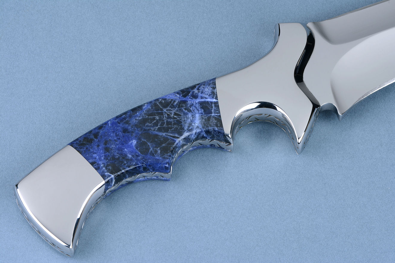 "Kadi" in 440C high chromium stainless steel blade, 304 stainless steel  bolsters, Sodalite gemstone handle, leather sheath inlaid with black rayskin