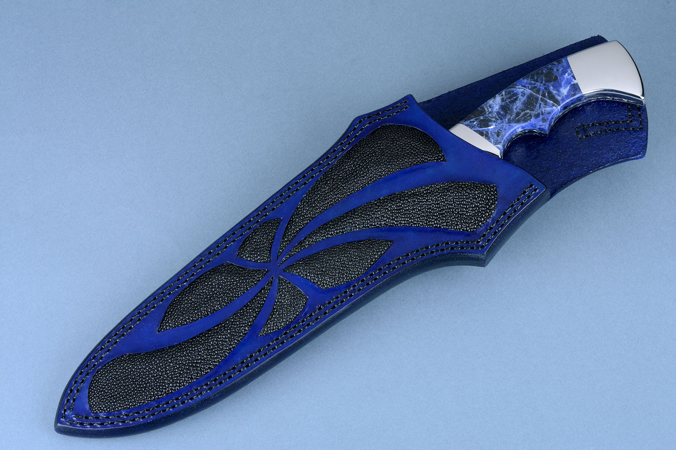 "Kadi" obverse side view in 440C high chromium stainless steel blade, 304 stainless steel  bolsters, Sodalite gemstone handle, leather sheath inlaid with black rayskin