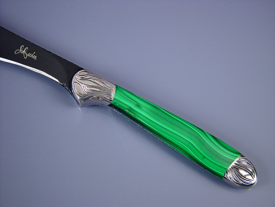 Congo Malachite gemstone knife handle on "Kineau" by Jay Fisher