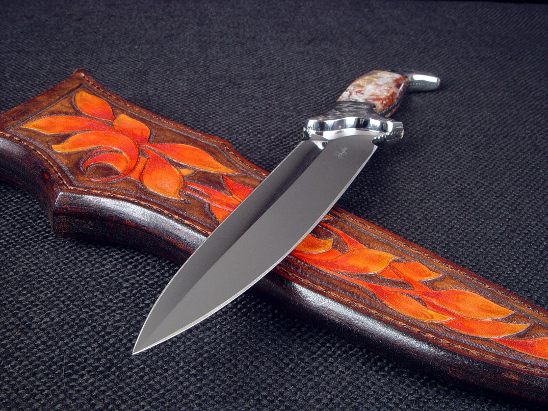 "Kotori" in ATS-34 high molybdenum stainless steel blade, hand-engraveds 304 stainless steel bolsters, Carnival Lace Agate gemstone handle, hand-carved, hand-dyed leather sheath