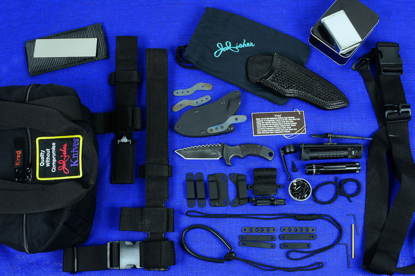 "Krag" professional counterterrorism, tactical knife kit, complete, with UBLX, EXBLX, HULA, LIMA, diamond sharpener, leather sheath, sternum harness, lanyards, staps, clamps, hardware, and heavy ballistic nylon duffle